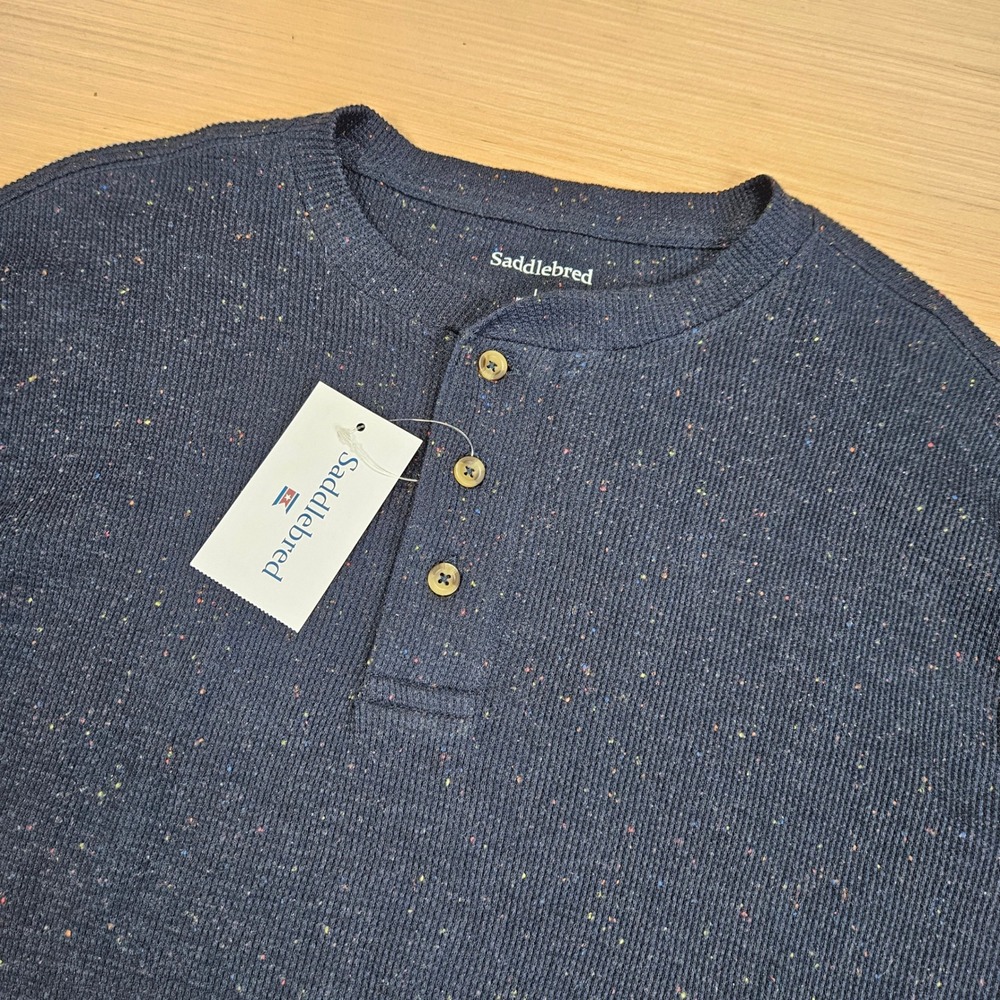 Saddlebred Henley Shirt Mens L Harbor Navy Waffle Knit Speckled Long Sleeve NEW